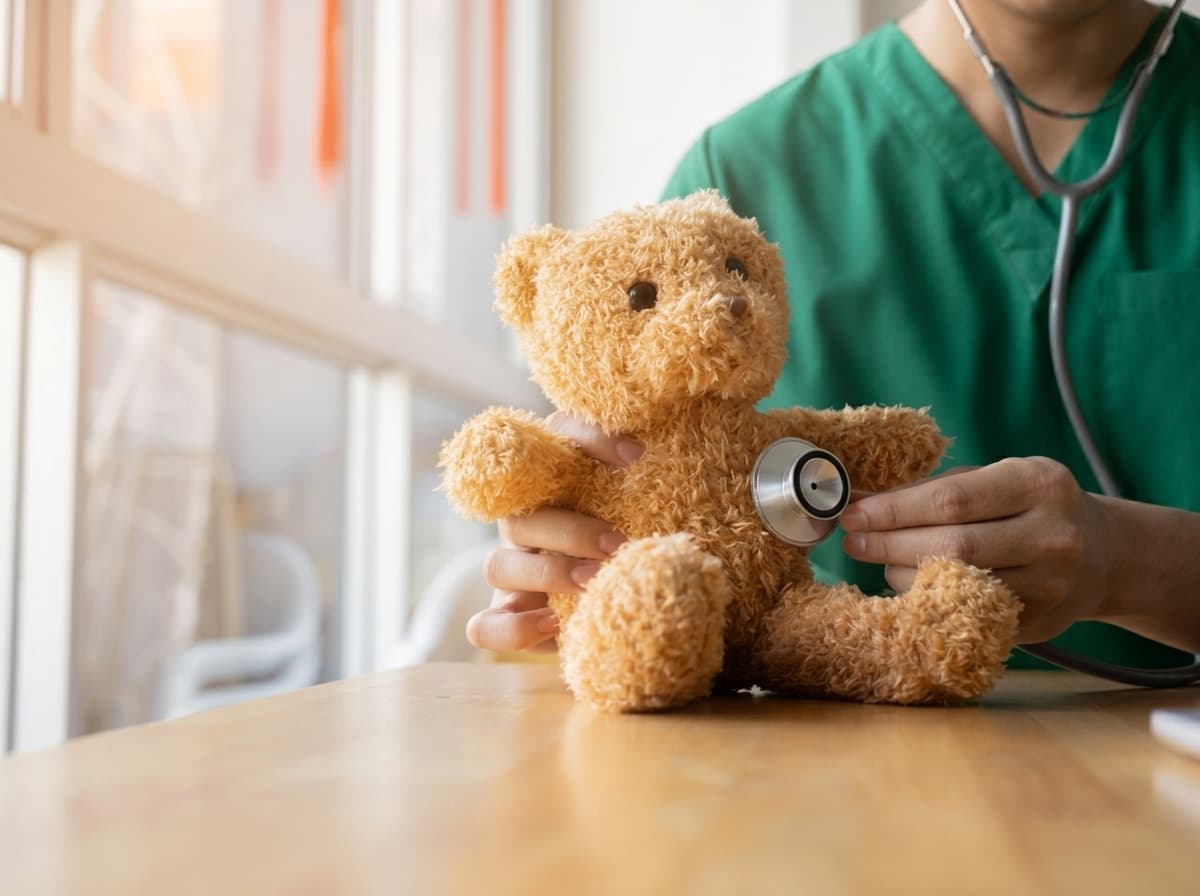 Medic pediatru consultând un ursuț de pluș cu stetoscopul în cabinetul de pediatrie Top Medical Grup din Iași.