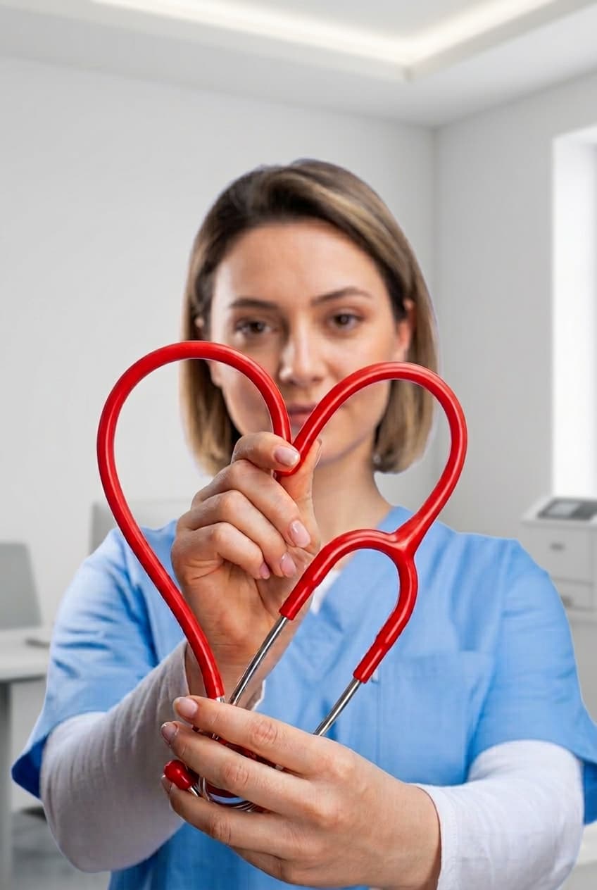 Cadru medical Top Medical Grup Iași completând fișa unui pacient, cu stetoscop roșu la gât